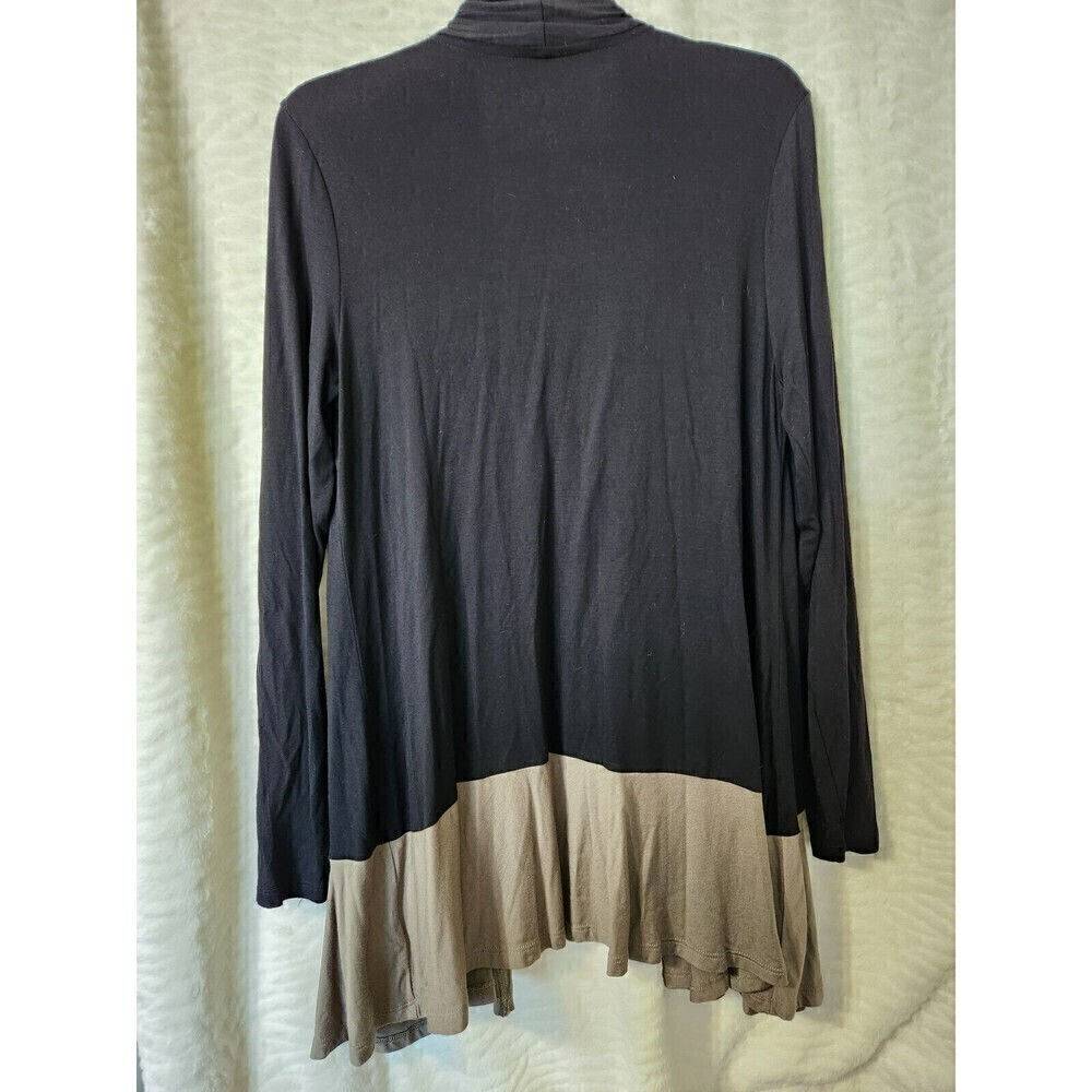 LOGO Lori Goldstein Small Rayon Blend Stretch Color Block Cardigan Black Olive - Picture 2 of 5